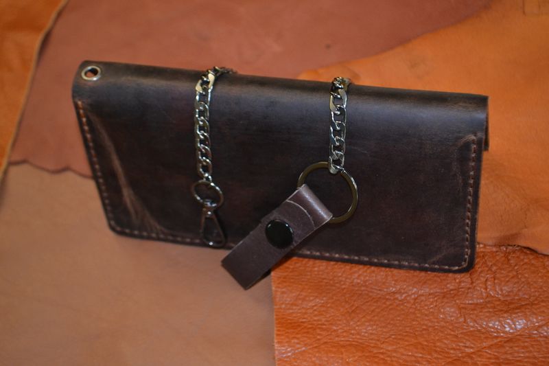 Handcrafted leather biker-style bi-fold wallets with chain. Made in the USA.