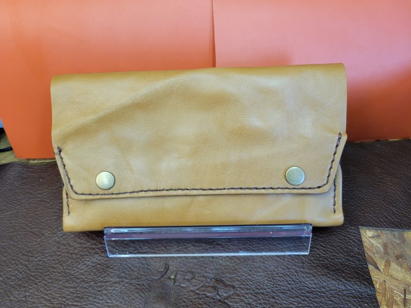 Leather Wallets, Multi-Use Tan and Dark Brown with Cross Stitch