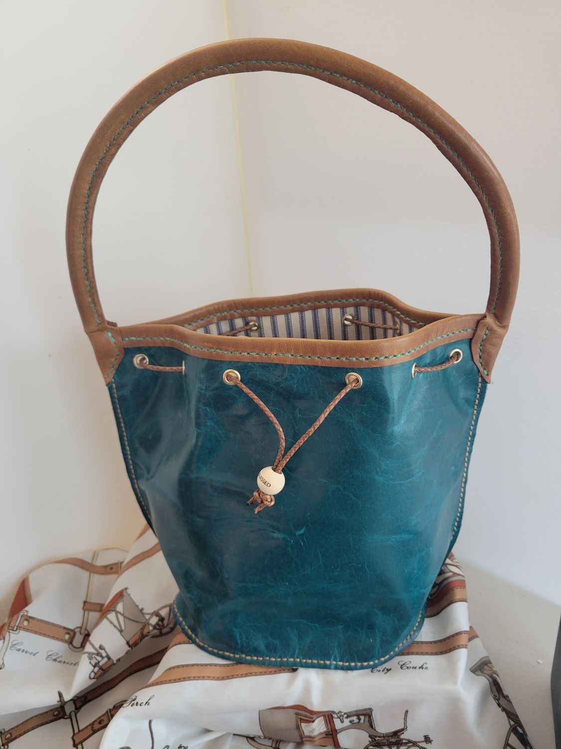 Handcrafted Leather Purse Bucket Hand Bag featuring Tropical Tide Leather - Lined
