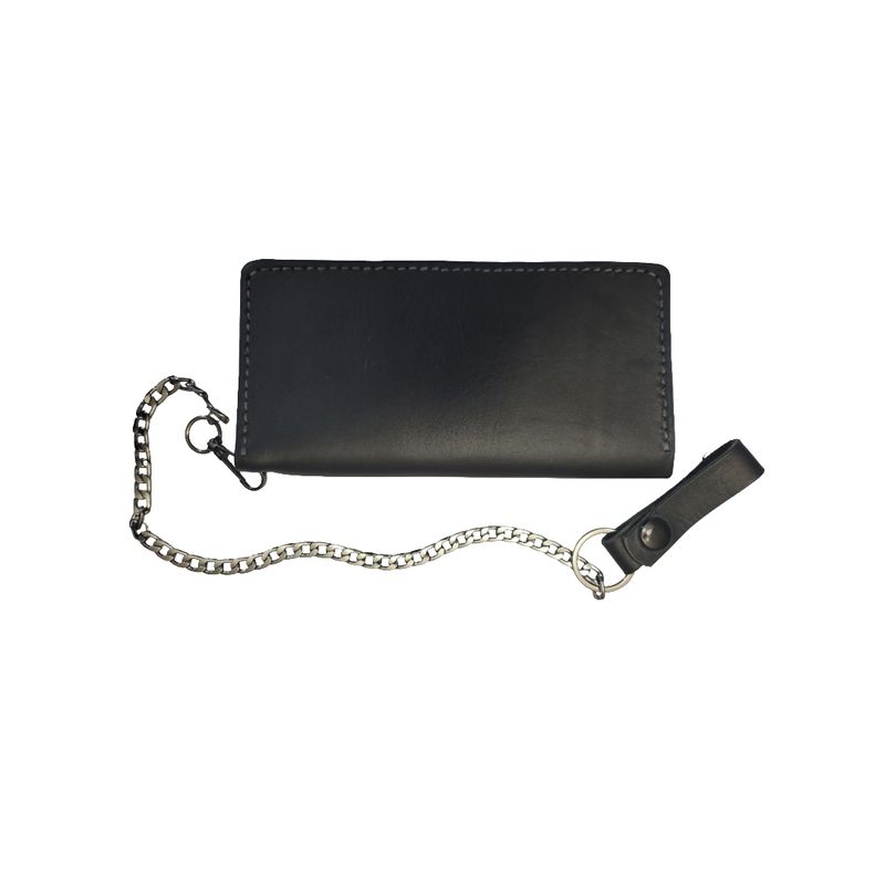 Handcrafted leather biker-style long bi-fold wallet with a chain and detachable keychain, black with grey stitching