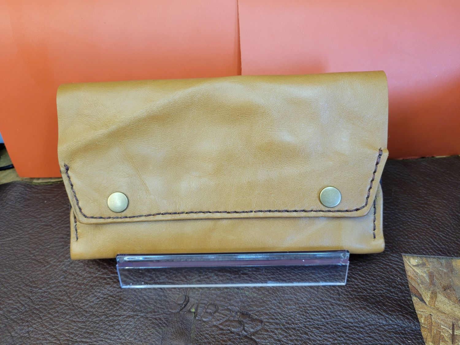 Leather Wallets, Multi-Use Tan and Dark Brown with Cross Stitch