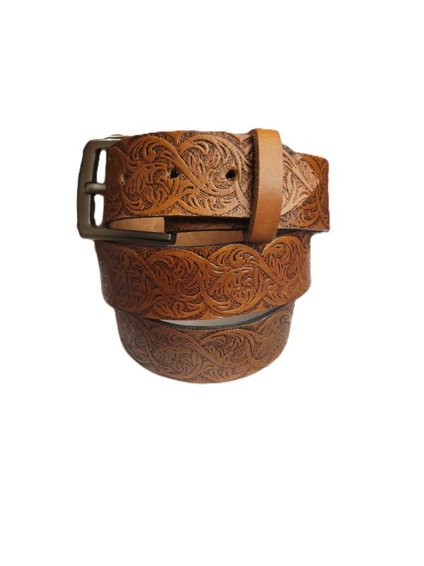 Leather belt, Embossed Filigree, Black and Tan, Hand Made, size 41 1/2