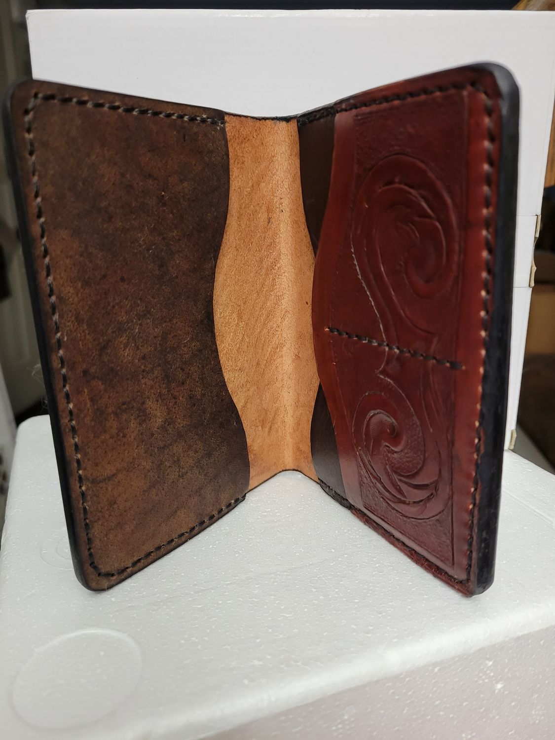 Passport Wallet, Leather, Hand-Tooled Dark Brown
