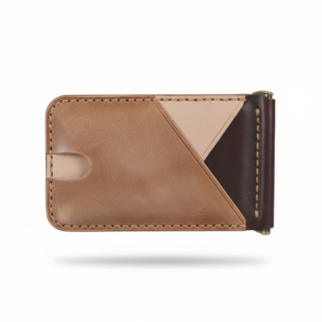 Handcrafted Multicolor Leather Slim Minimalist Wallet W/ Flip Money Clip, Tri-Color, Lightweight.