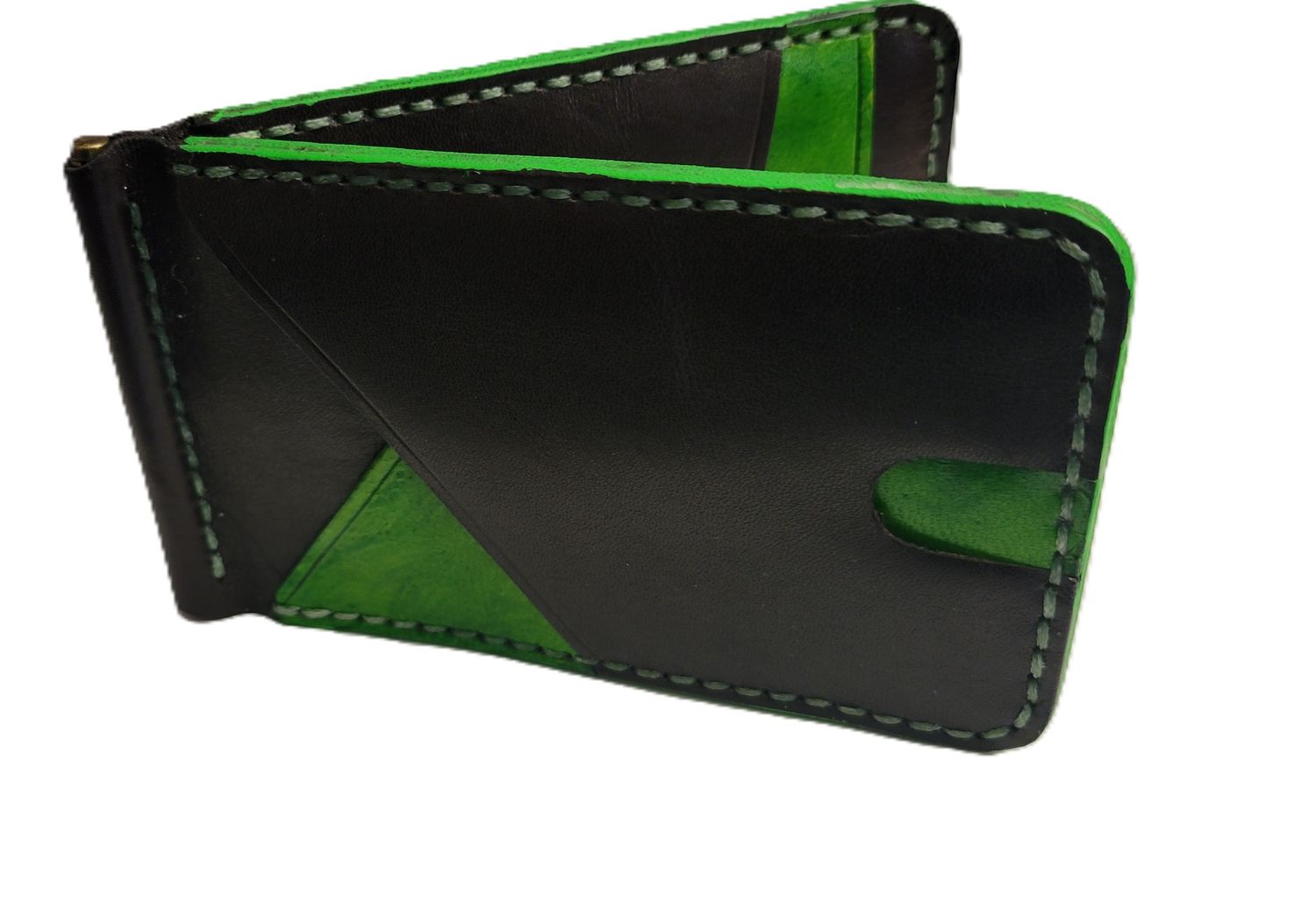 Handcrafted  Leather Slim Minimalist Wallet W/ Flip Money Clip, featuring Rich Chocolate and Mint Green Colors