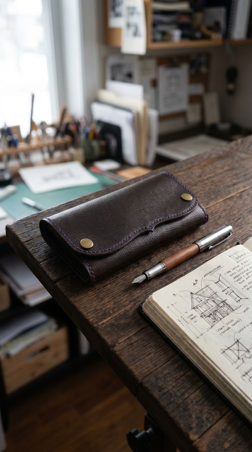 Handcrafted Leather Wallet, Black and Brown with Purple Stitching Details