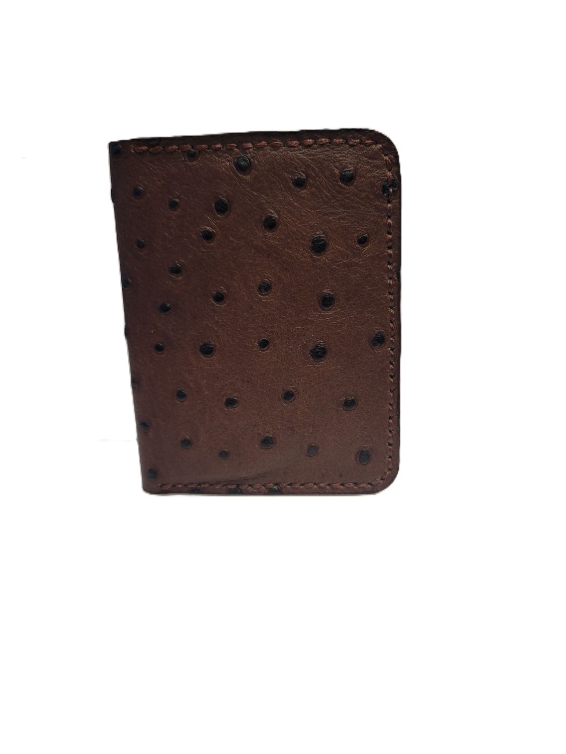 Handmade brown Ostrich-embossed leather minimalist card holder, featuring a sleek bifold design for a stylish
