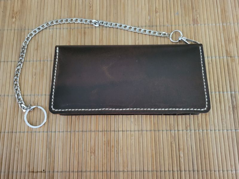 Handcrafted leather biker-style long bi-fold wallet with a chain and detachable chain, Brown