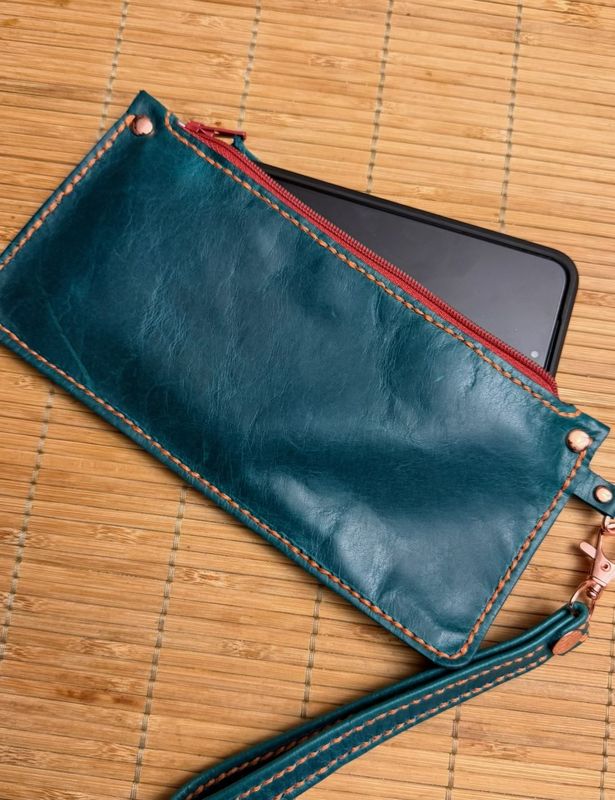 Handmade Leather Wristlet, Dark Green with Burnt Orange Zipper