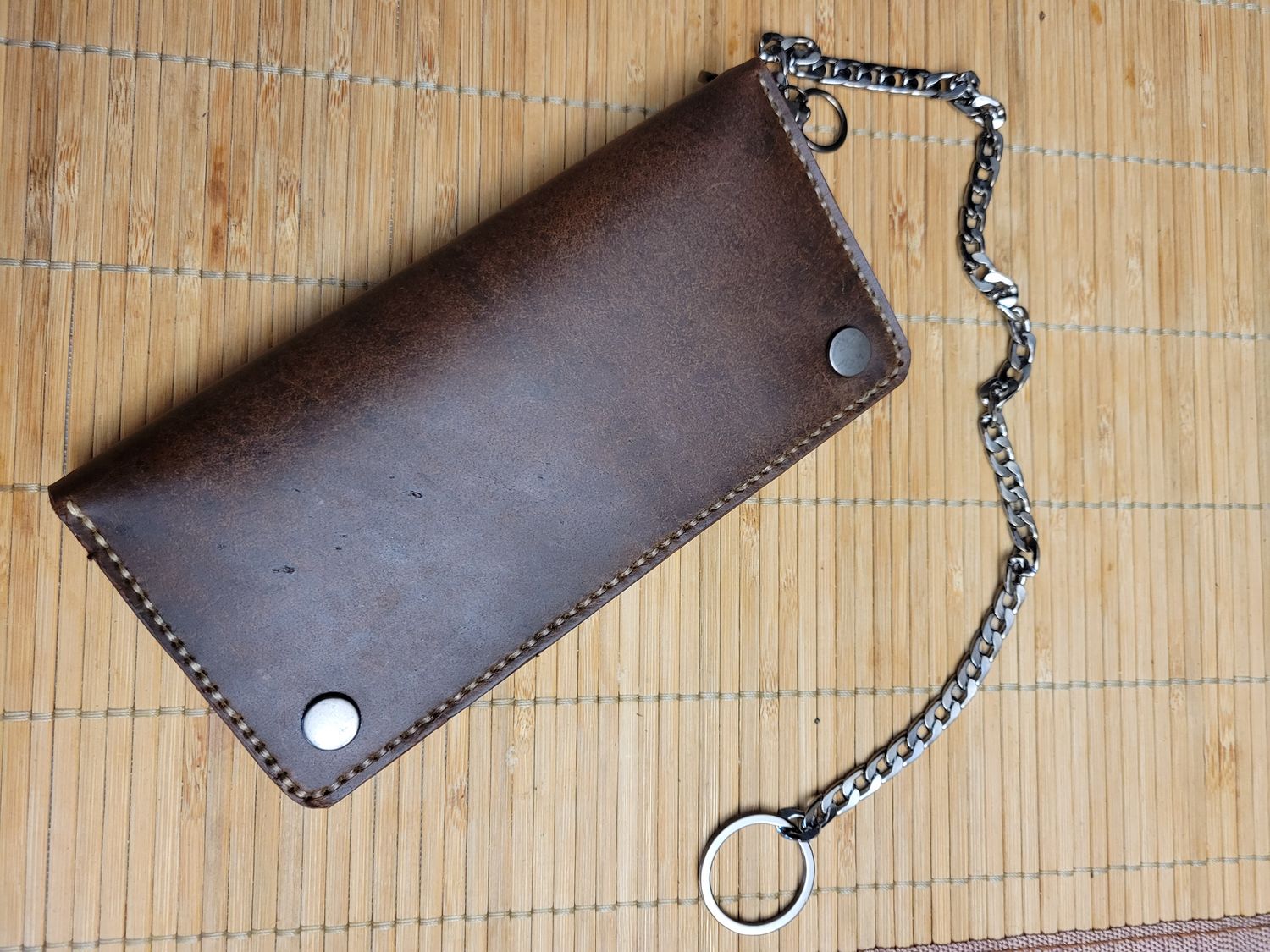 Handcrafted leather biker-style long bi-fold wallet with a chain and detachable chain, Brown with snaps.