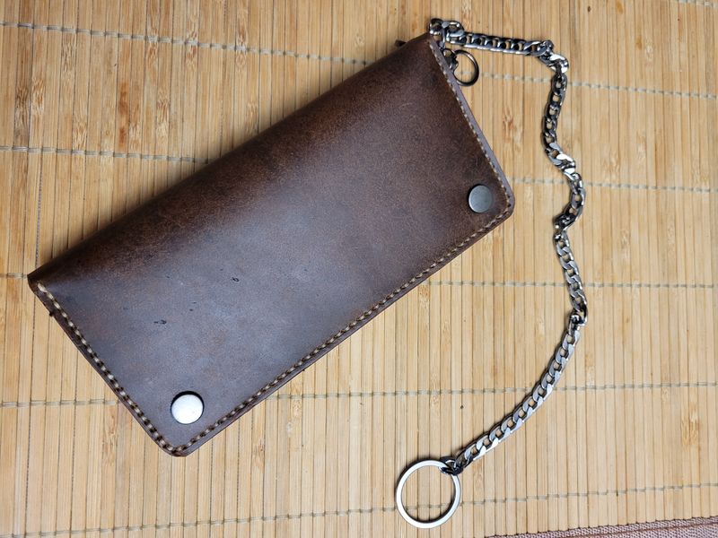 Handcrafted leather biker-style long bi-fold wallet with a chain and detachable chain, Brown with snaps.