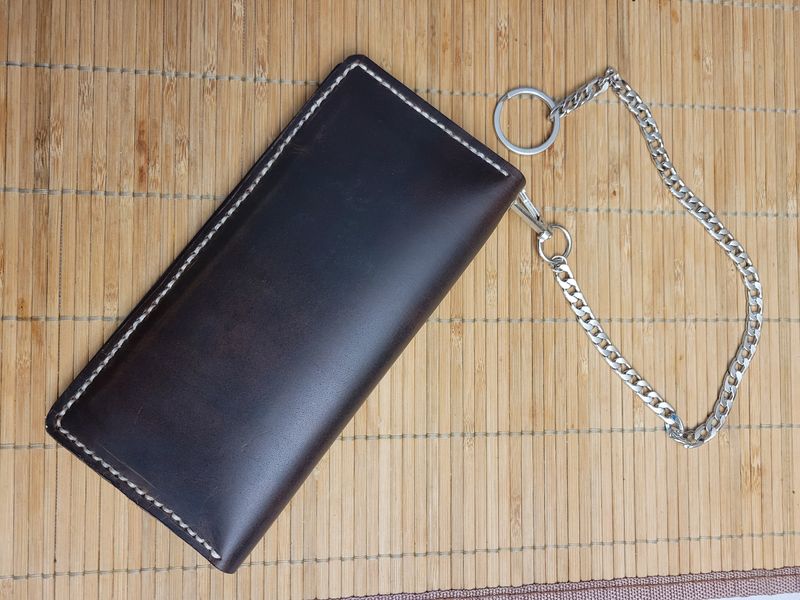 Handcrafted leather biker-style long bi-fold wallet with a chain and detachable chain, Black with snaps.