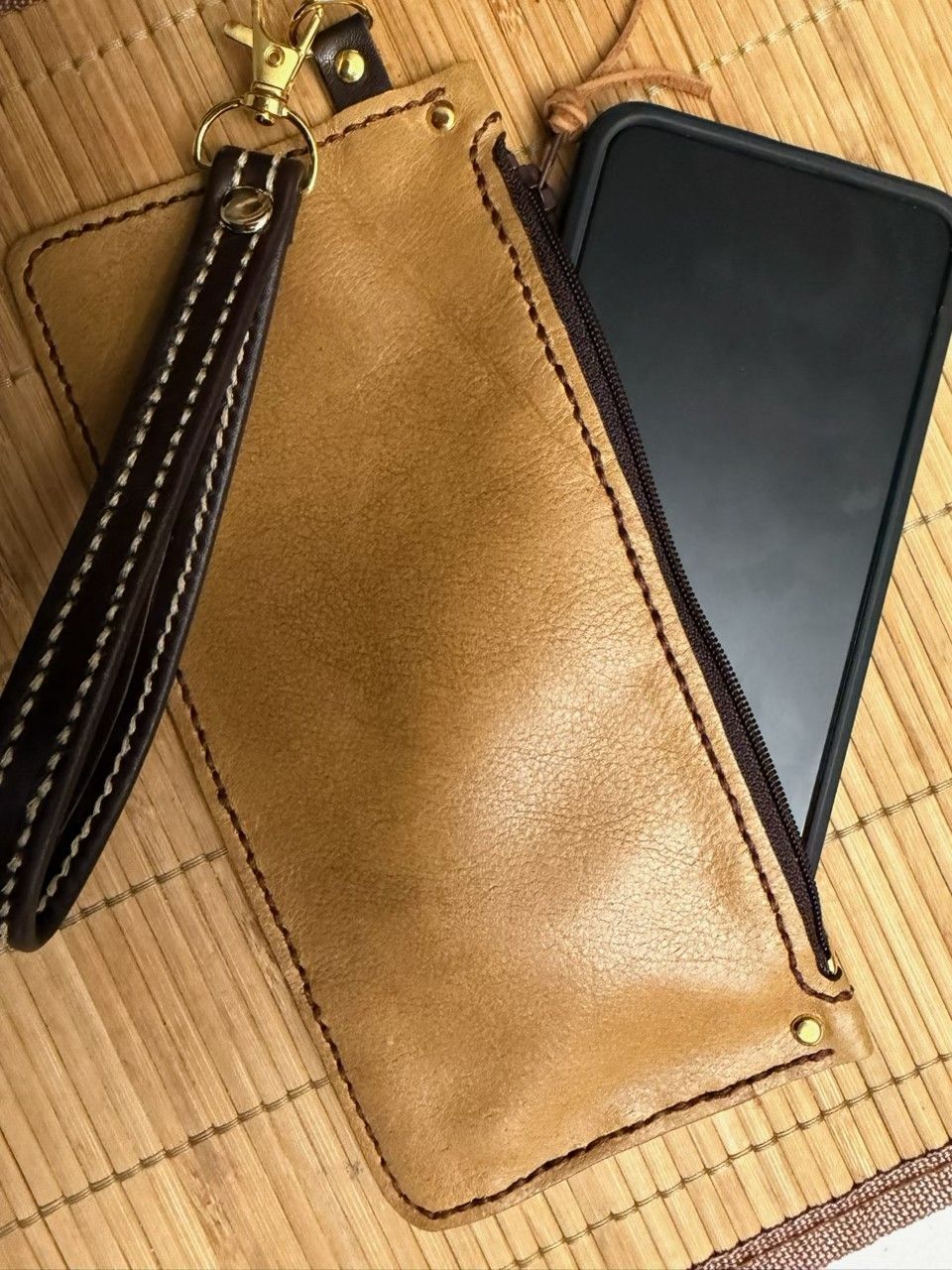 Handmade Leather Wristlet, Light Brown with Dark Brown Zipper