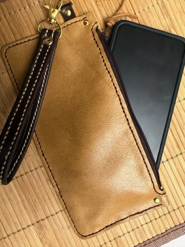 Handmade Leather Wristlet, Light Brown with Dark Brown Zipper