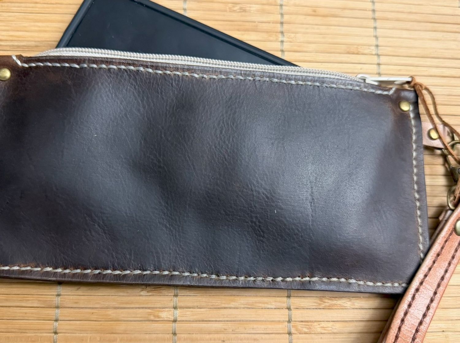 Handmade Leather Wristlet, Dark Brown with Tan Zipper