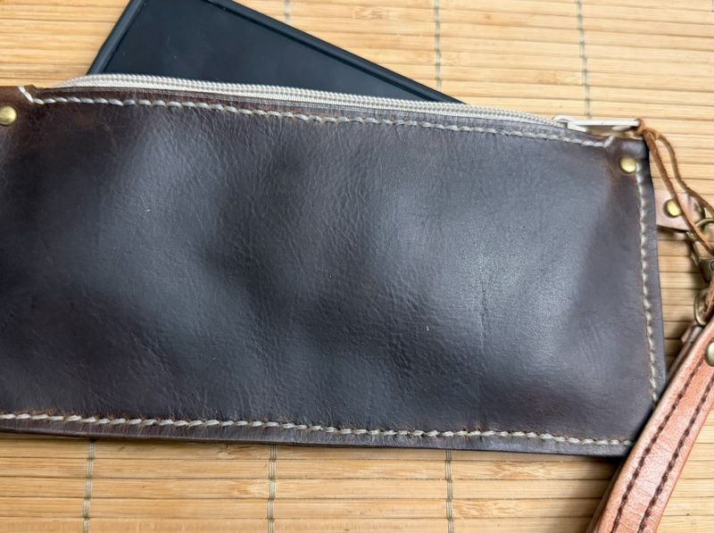 Handmade Leather Wristlet, Dark Brown with Tan Zipper