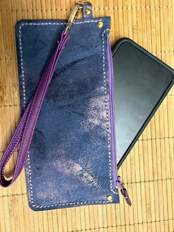 Handmade Leather Wristlet, Purple with Purple Zipper