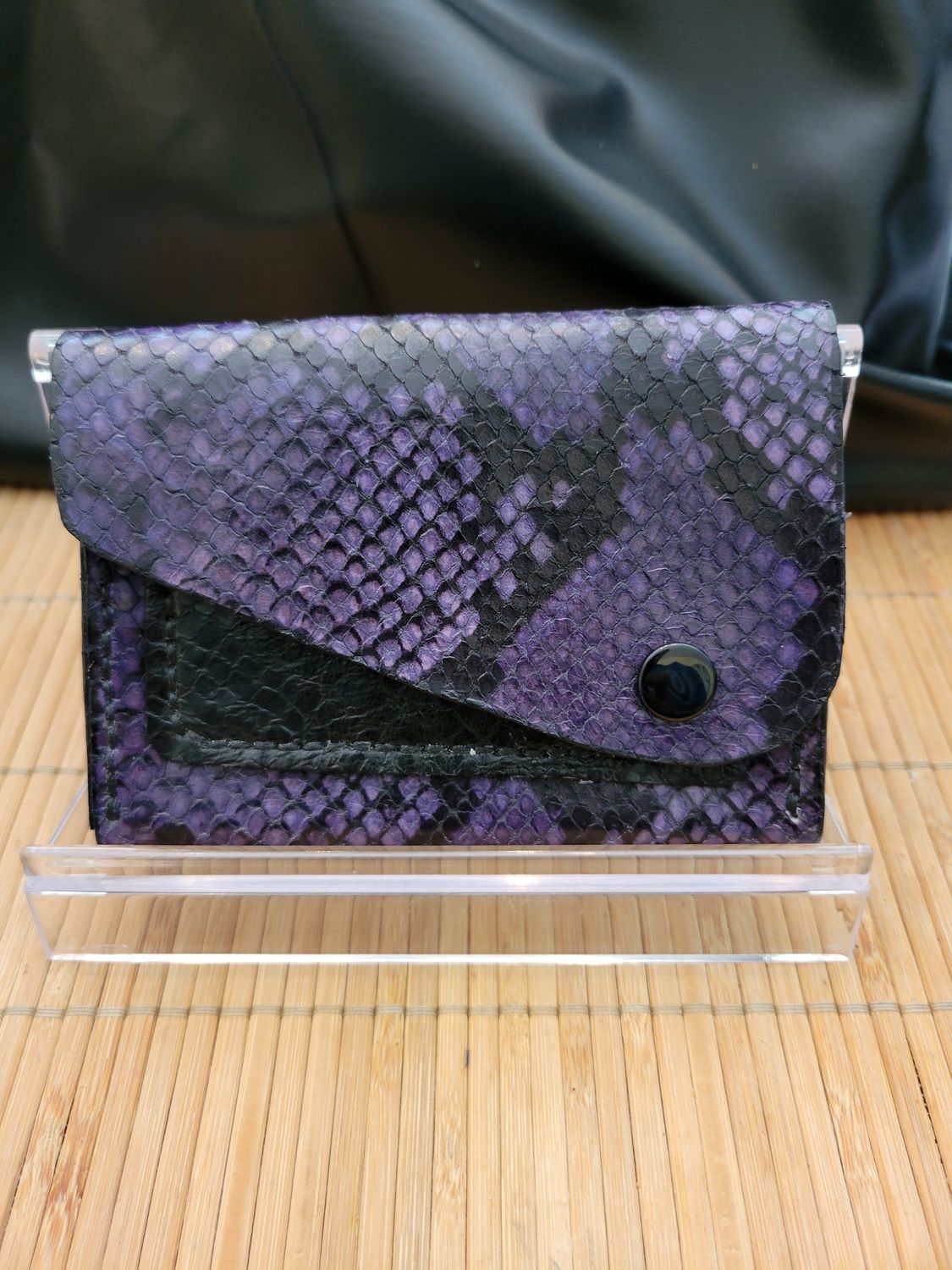 Handcrafted Small Wallet/Card Holder Purple and Black. Snake Print.