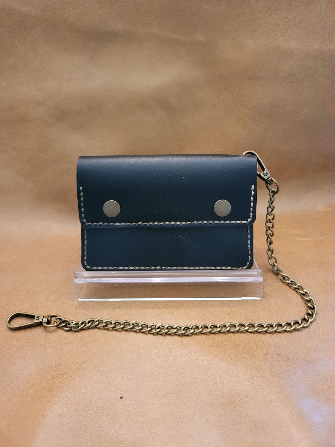Handcrafted Leather Biker-style Short  Wallet, Black with Detachable Chain