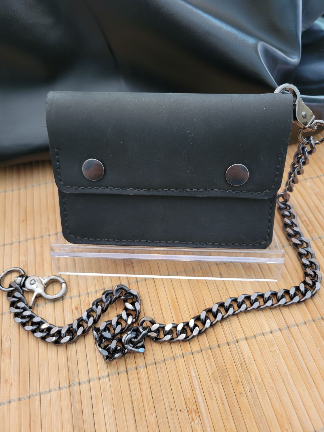 Handcrafted Leather Biker-style Short  Wallet, Soft Black with Detachable Chain