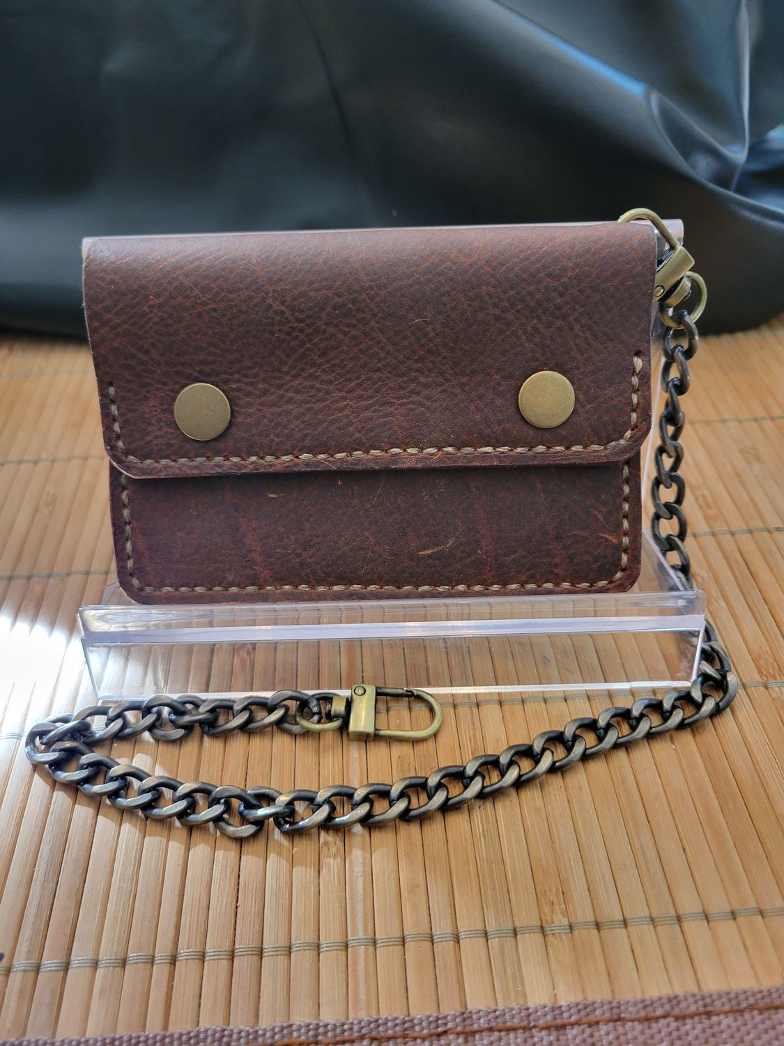 Handcrafted leather biker-style short  wallet, Brown with detachable chain