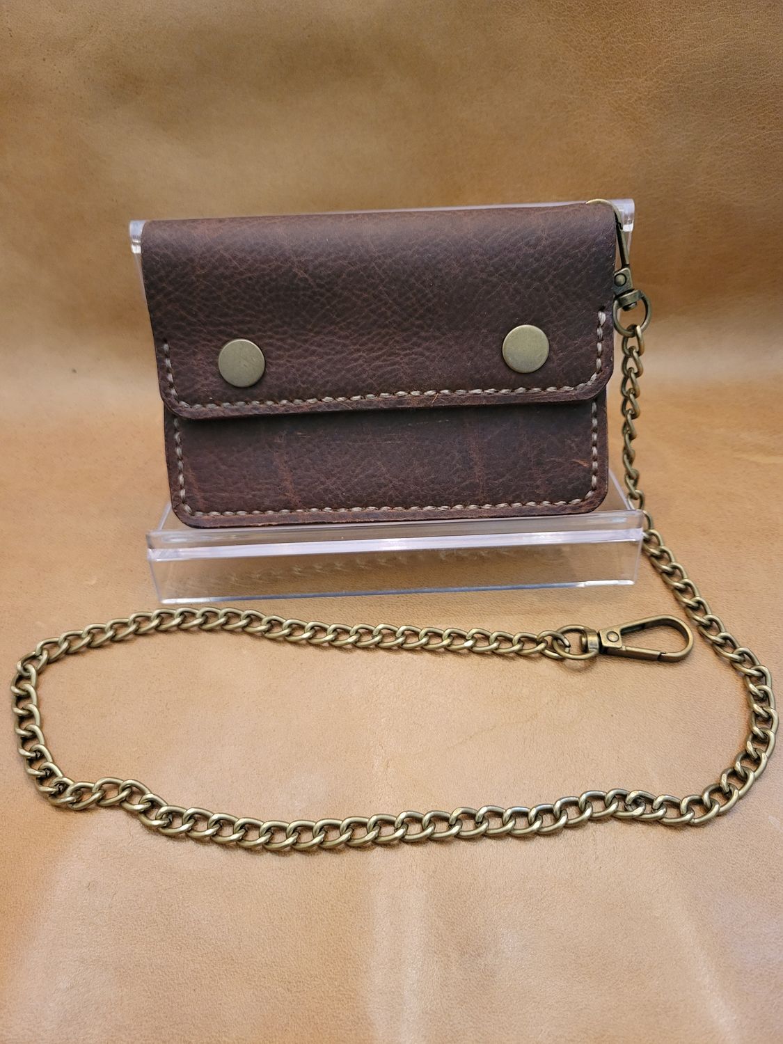Handcrafted Leather Biker-style Short  Wallet, Brown with Detachable Chain