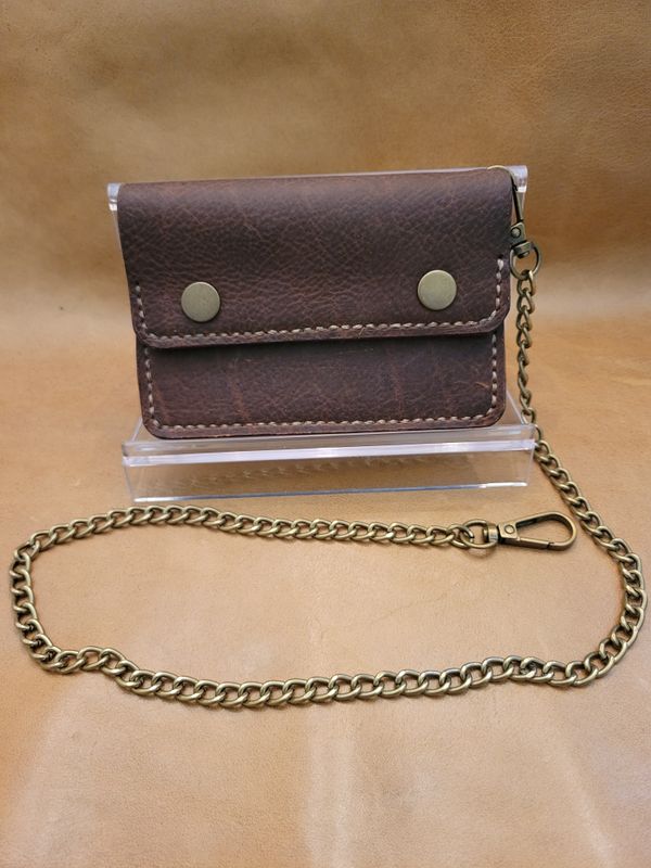 Handcrafted Leather Biker-style Short  Wallet, Brown with Detachable Chain