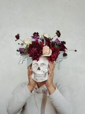 Skull Halloween, Day of the Dead, Fall Arrangement- Local Flower Delivery