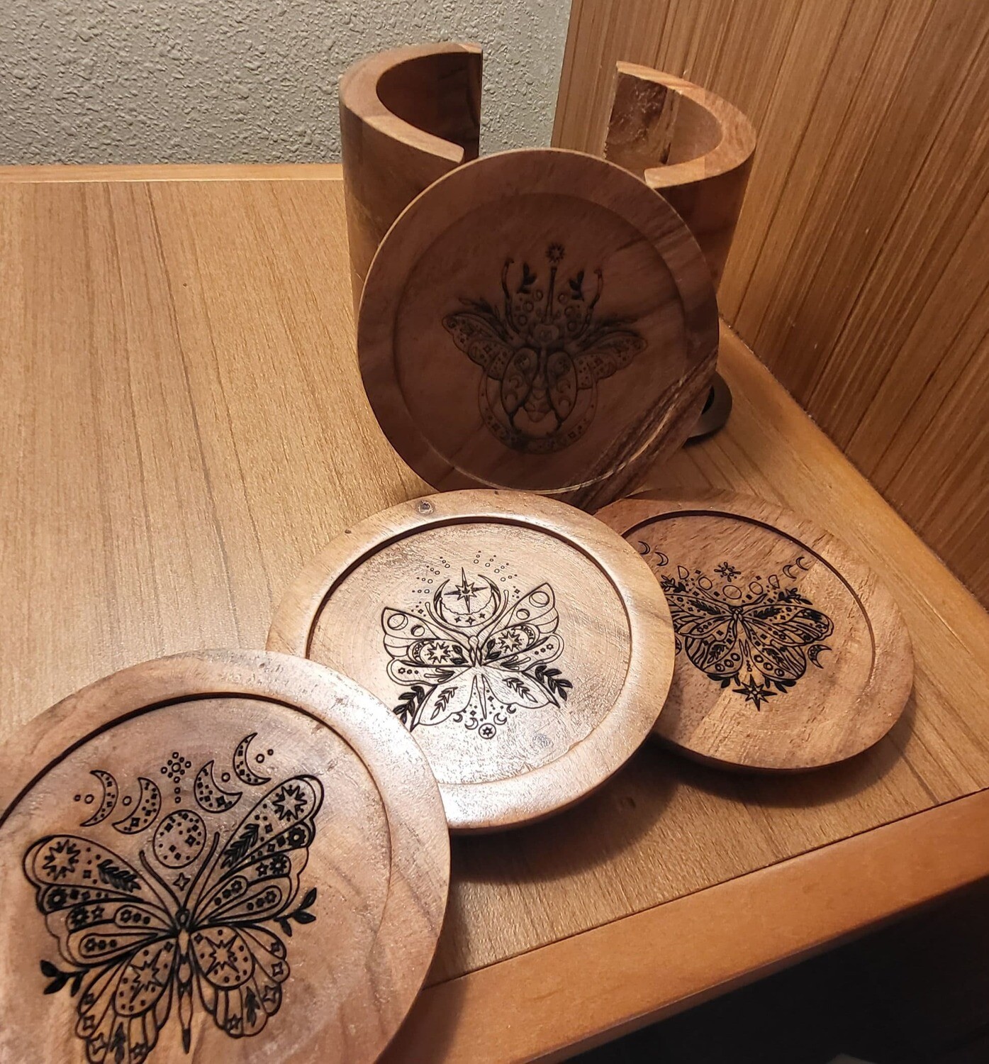 Boho-Celestial Wooden Coasters With Holder