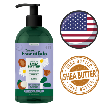 TropiClean Essentials Shea Butter & Chamomile Shampoo for Dogs and Cats 16 Oz
