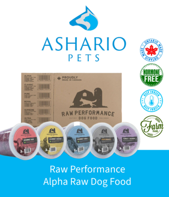 Explore Raw Performance&#39;s Alpha Raw Dog Food at Ashario Pets Store. Crafted with top-quality ingredients, this nutritious blend supports your dog&#39;s health and vitality, ensuring they thrive from nose to tail.