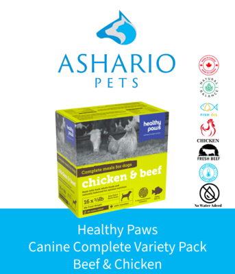 Treat your furry friend to the Healthy Paws Canine Complete Variety Pack, offering a delicious mix of beef and chicken for a well-rounded diet. Available at Ashario Pets in North York or online for easy shopping.