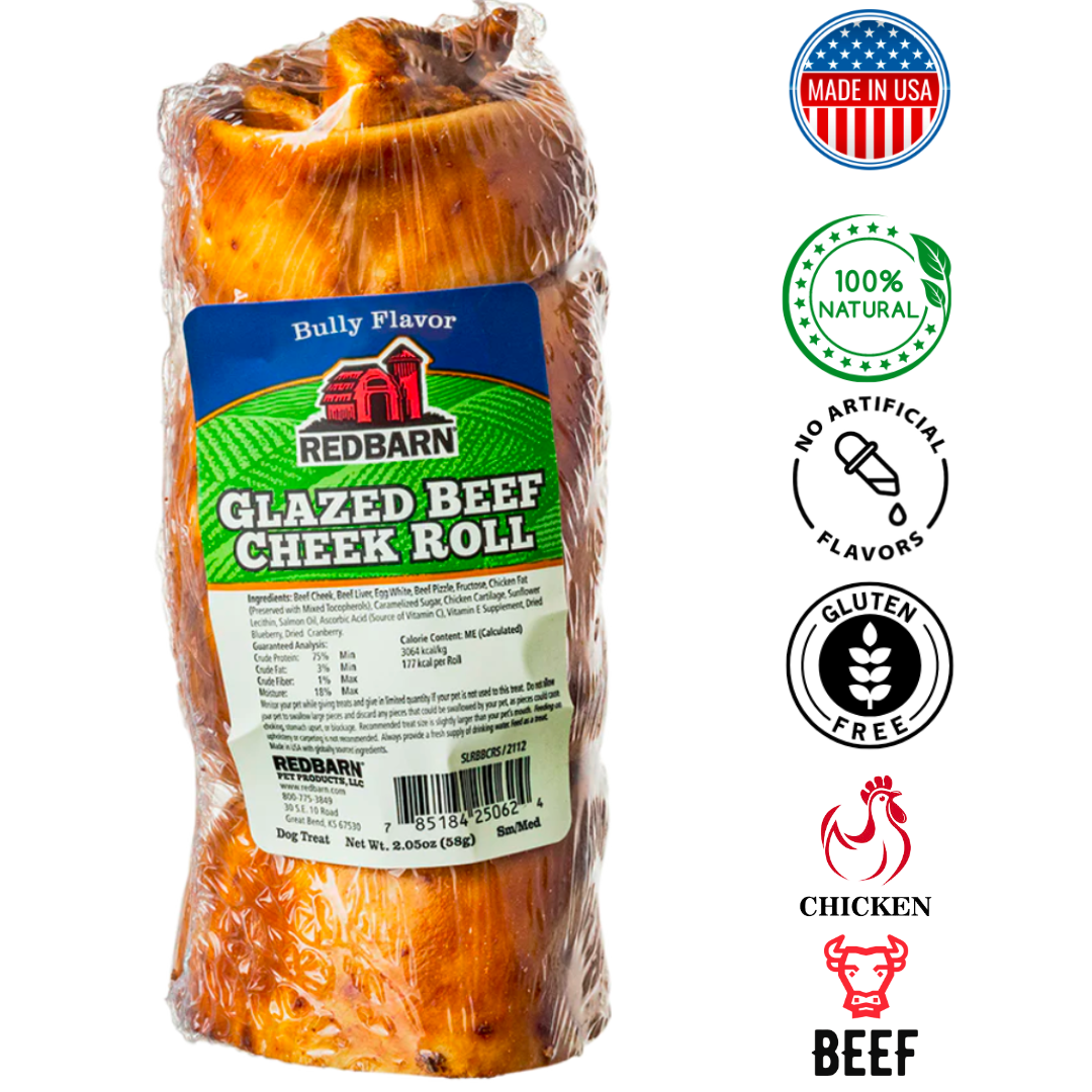 Redbarn Glazed Beef Cheek Roll Small/Medium, Large Dog Bully Flavour Dog Treats