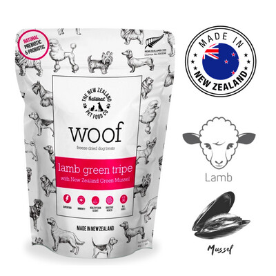 NZPF Woof Lamb Green Tripe with Green Lipped Mussels Freeze Dried Dog Treats 40 Grams
