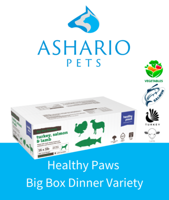 Introducing the Healthy Paws Big Box Dinner Variety at Ashario Pets Store. This assortment includes turkey, lamb, salmon, and bison flavors, providing your pet with a delicious and nutritious meal selection.