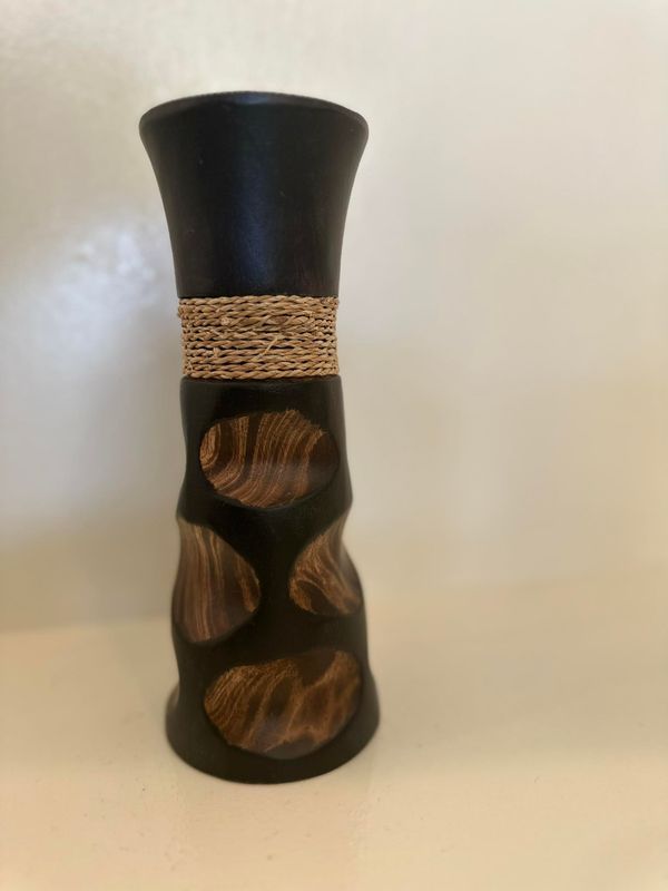 Wood Vase with Flower Carving and Straw Rope Decoration 01