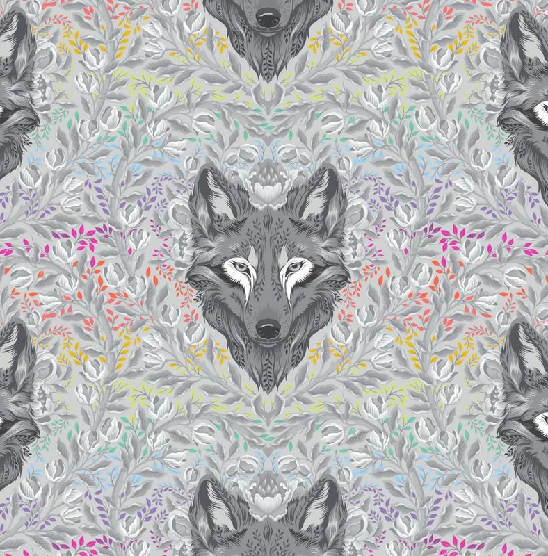 Tula Pink Graywork - Wolf Of Pink Street In Fog