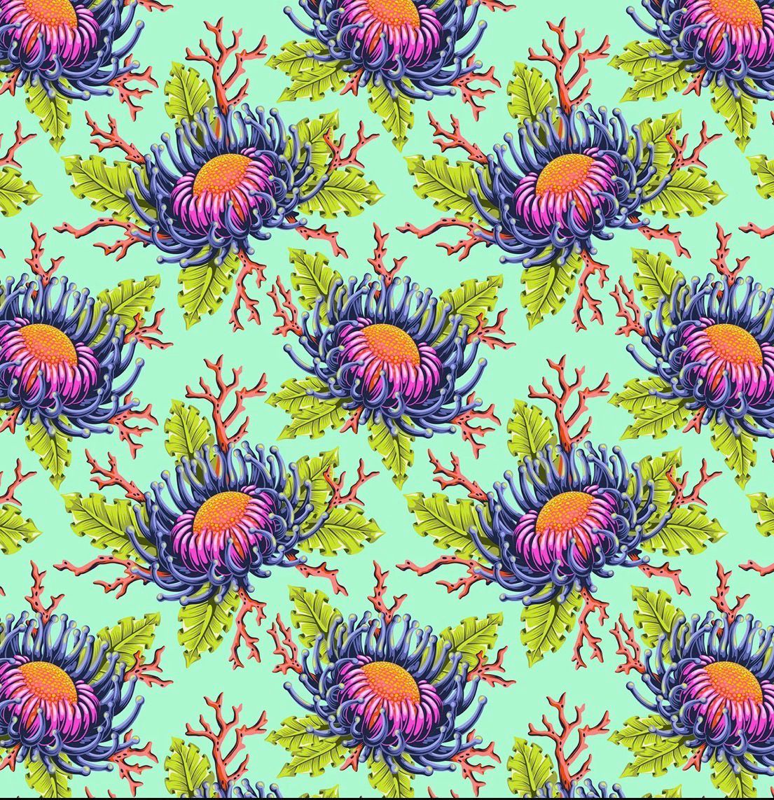 Tula Pink Floral Reef - Friends & Anemones Seafoam