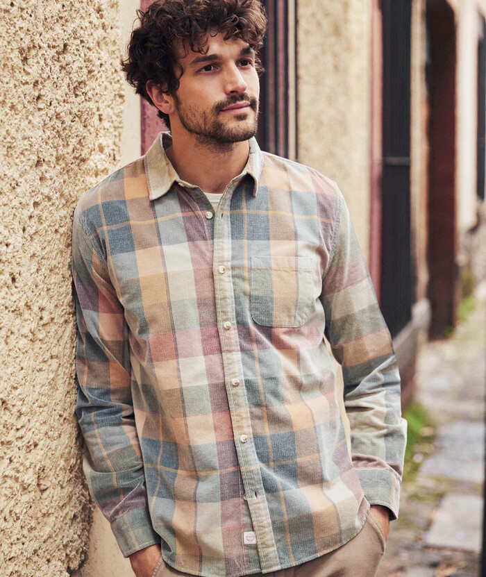 Lightweight Cord Shirt, Color: Brown Plaid, Size: M