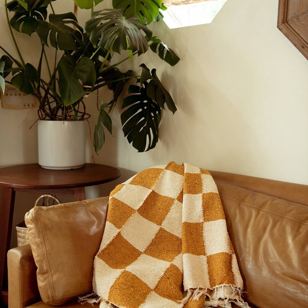 Gold &amp; Cream Heavyweight Checker Throw Blanket