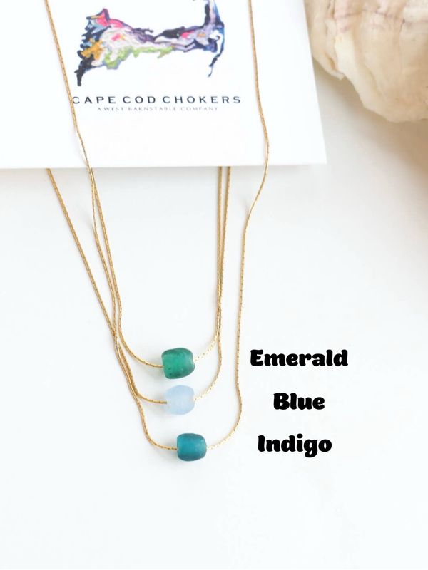 Gold Filled Floating Recycled Sea Glass Choker, Color: Emerald