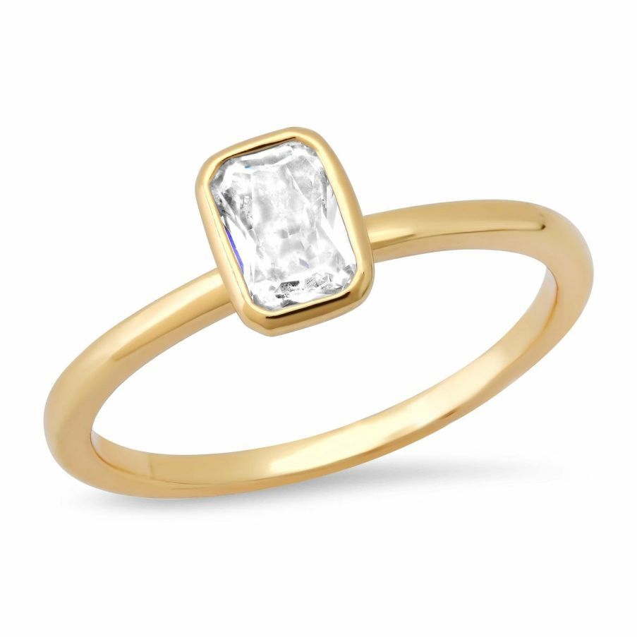 Solitaire Bezel Set Emerald Cut CZ Ring, Size: 6