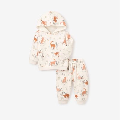 The Dinosaur Fleece Hoodie &amp; Jogger Pant Set by Elegant Baby is a fun and cozy outfit for little ones. The hoodie features a playful dinosaur design and is made from soft, warm fleece for comfort. The jogger pants have an elastic waistband for a secure fit and provide flexibility for active babies. 