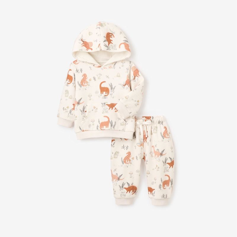 The Dinosaur Fleece Hoodie &amp; Jogger Pant Set by Elegant Baby is a fun and cozy outfit for little ones. The hoodie features a playful dinosaur design and is made from soft, warm fleece for comfort. The jogger pants have an elastic waistband for a secure fit and provide flexibility for active babies. 