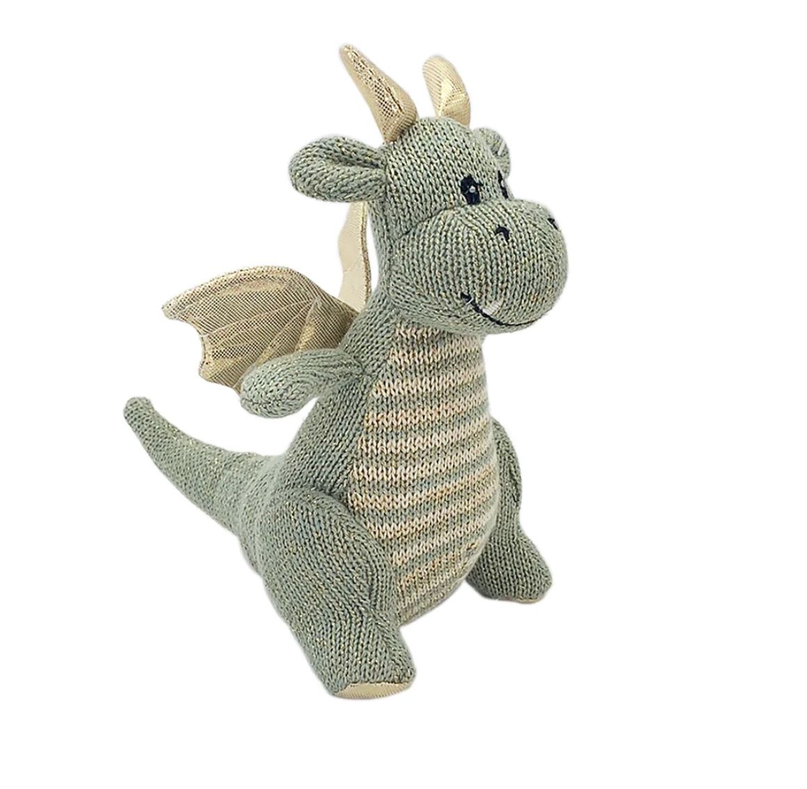 The Mon Ami Dax Dragon Knit Rattle is a soft, playful baby rattle designed to resemble a friendly dragon. Made from knitted fabric, it features a charming dragon design with small wings and a gentle rattle sound that engages and soothes infants. The rattle is lightweight and easy for babies to hold, making it an ideal toy for early sensory development. The Dax Dragon Knit Rattle combines whimsical, imaginative design with a soothing, interactive feature, making it a perfect gift for babies and a delightful addition to any nursery.