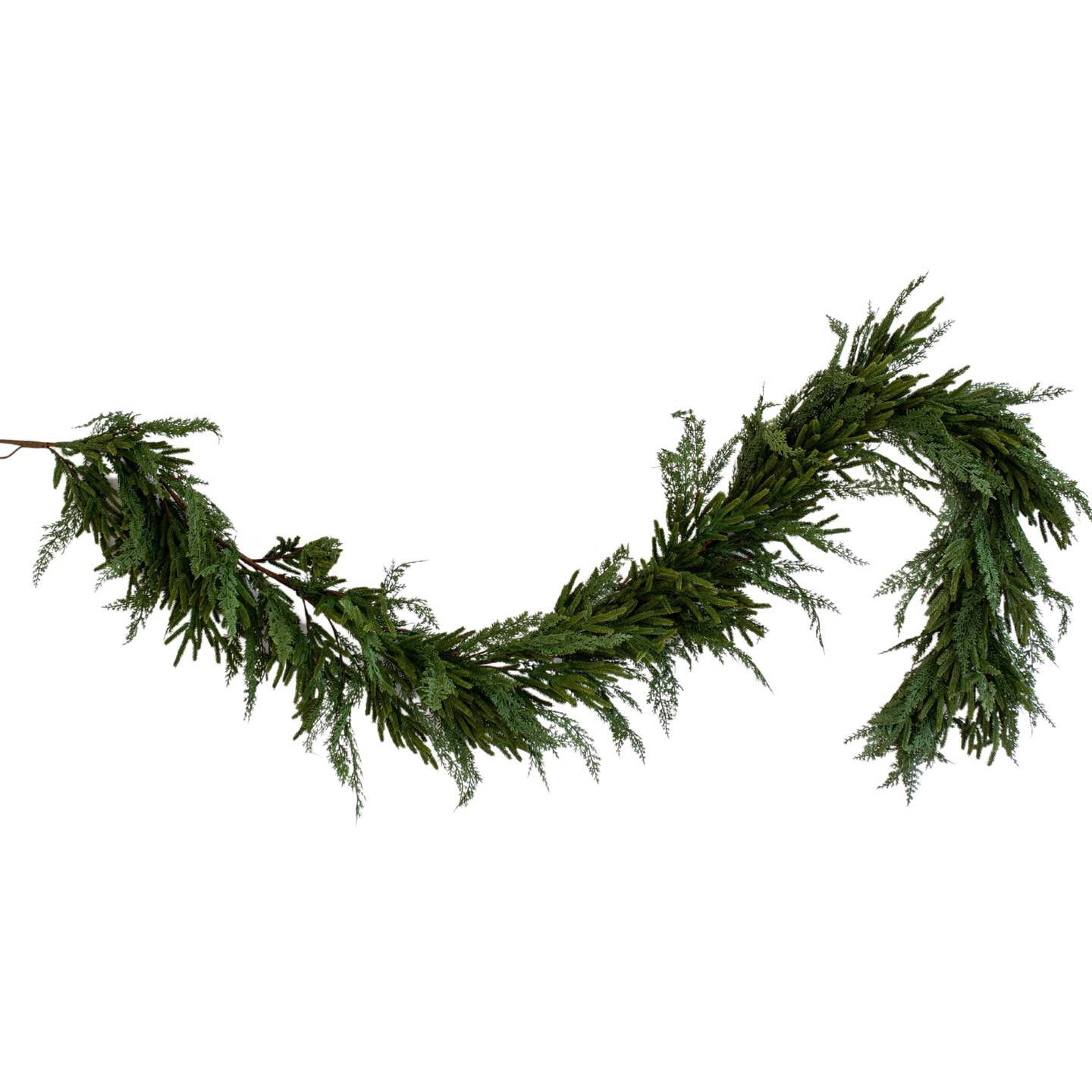 The Norfolk &amp; Cypress Mix Faux Christmas Garland is a 9-foot-long decorative piece designed for holiday decor. 