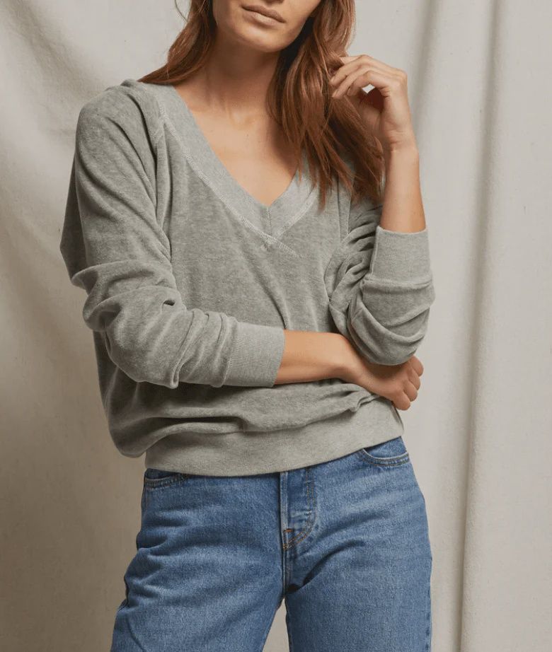 Ember Velour V Neck Sweatshirt, Color: Heather Grey, Size: XS