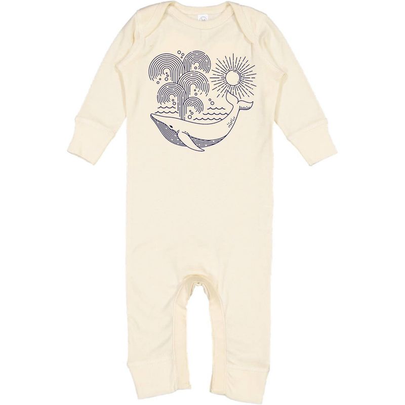 The Whale Baby Romper by Spruce Seed is a charming, unisex infant coverall made from a soft blend of 60% cotton and 40% polyester for ultimate comfort. This 100% combed ringspun cotton romper features a lap shoulder design for easy changes, making it a practical choice for busy parents. 