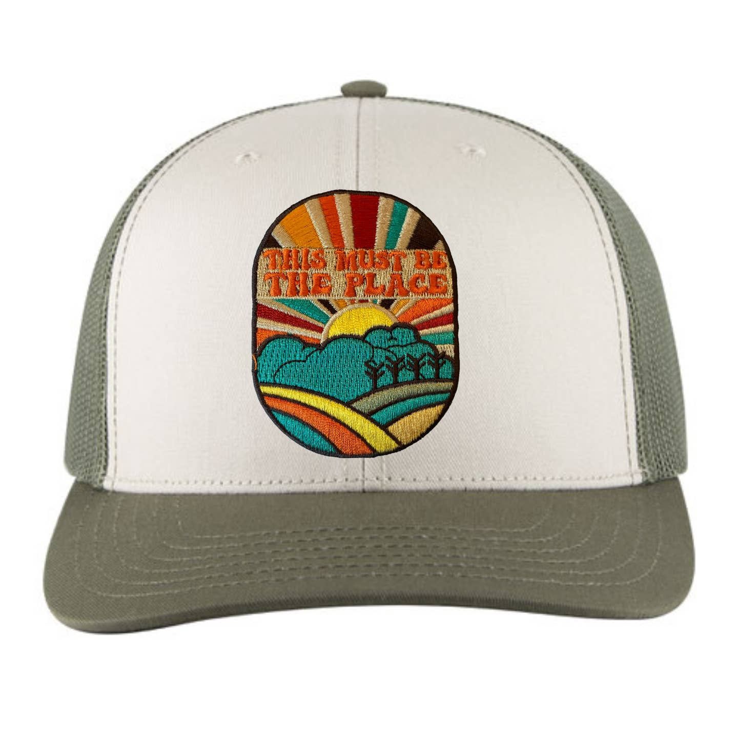 This Must Be The Place Patch Trucker Hat, Color: Tan/Sage Green