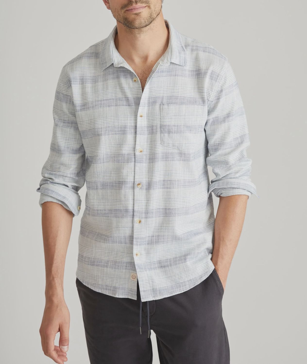 Stretch Selvage LS Shirt - Blue Baja Stripe, Size: M